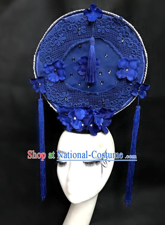 Chinese Model Contest Lace Crown Catwalks Blue Tassel Headpiece Handmade Stage Show Headdress