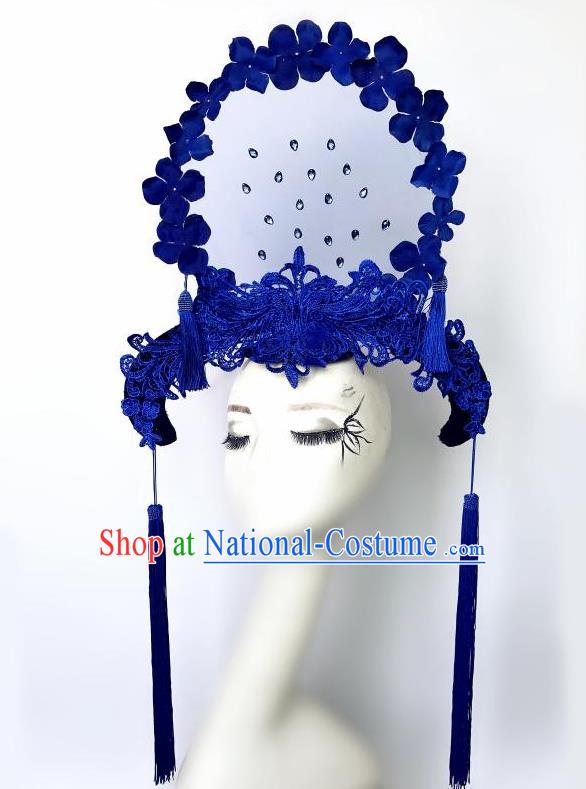 Chinese Handmade Stage Show Headdress Model Contest Blue Lace Crown Catwalks Tassel Headpiece