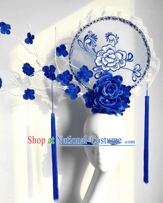 Chinese Model Contest Blue Peony Crown Catwalks Tassel Headpiece Handmade Stage Show Giant Headdress