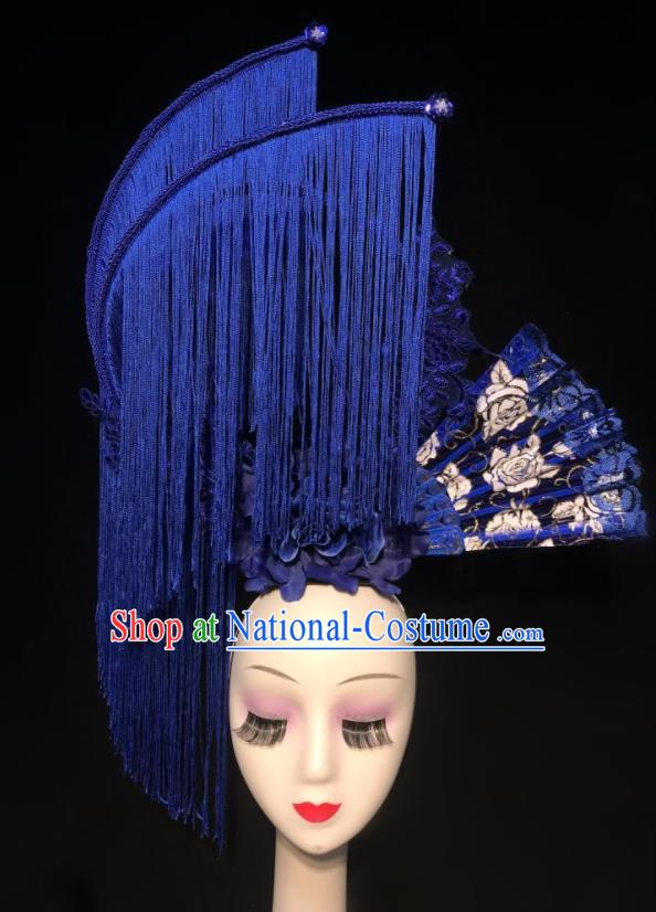 Chinese Handmade Stage Show Giant Headdress Model Contest Blue Fan Crown Catwalks Deluxe Tassel Headpiece