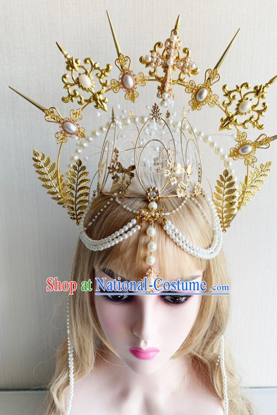 Top Catwalks Queen Golden Crown Handmade Goddess Hair Jewelry Stage Show Headpieces