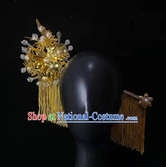 Chinese Stage Performance Golden Deluxe Hairpins Modern Fancywork Headdress