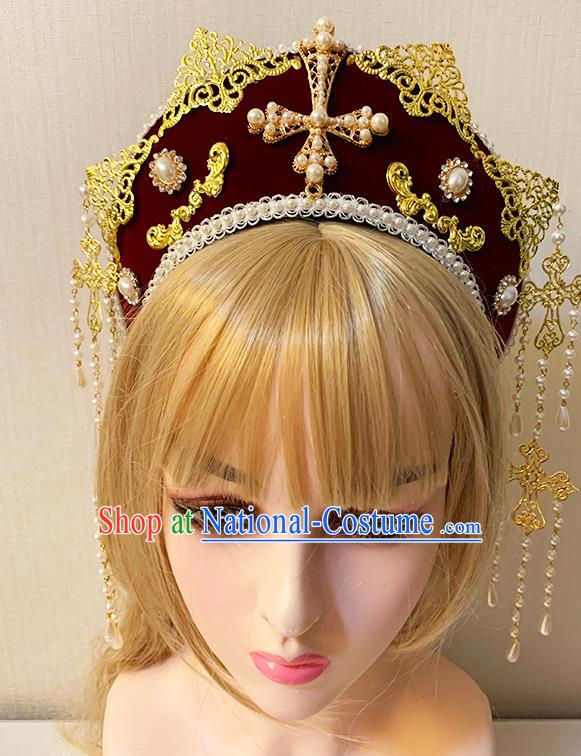 Top Stage Show Headwear Catwalks Retro Velvet Royal Crown Handmade Tassel Hair Jewelry