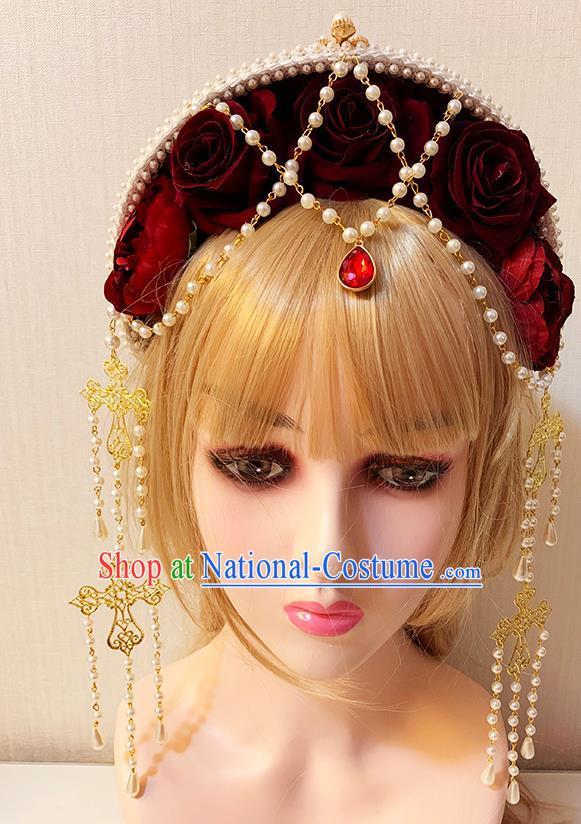 Handmade Red Rose Hair Jewelry Top Stage Show Headwear Catwalks Retro Velvet Royal Crown