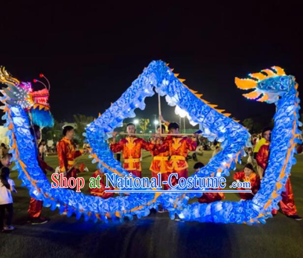 Blue Silk Chinese Luminous Dragon Dancing Props LED Lights Dragon Dance Costumes Complete Set for 19-20 People