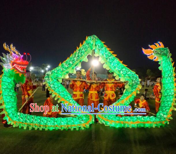 Chinese LED Lights Dragon Dance Costumes Complete Set Green Silk Luminous Dragon Dancing Props for 19-20 People