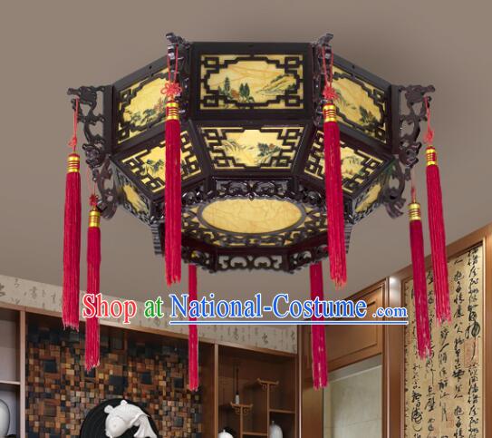 Chinese Wood Large Palace Lantern Hand Painted Landscape Ceiling Lantern