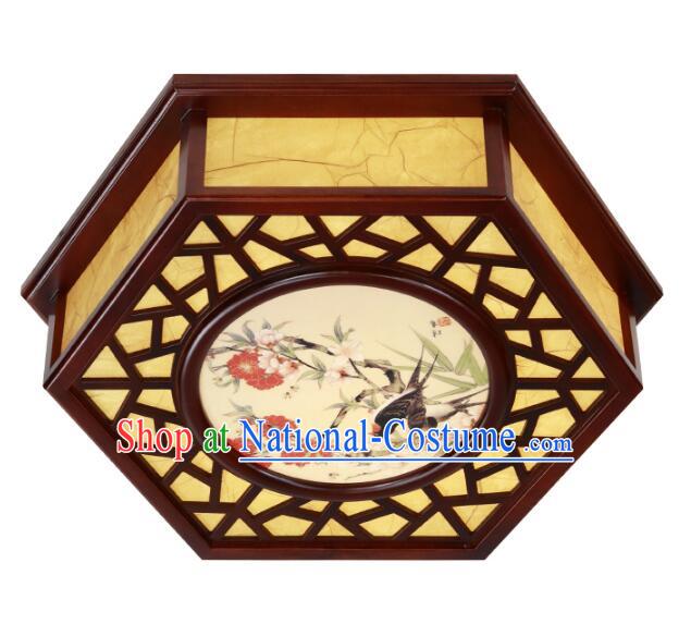 Chinese Painting of Birds and Flowers Lantern Handmade Wood Lantern Traditional Ceiling Parchment Lamp