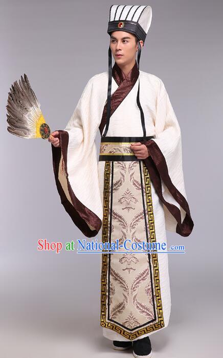 Chinese Ancient Military Strategist Zhuge Liang Costumes Three Kingdoms Period Counsellor Scholar Clothing and Hat Complete Set