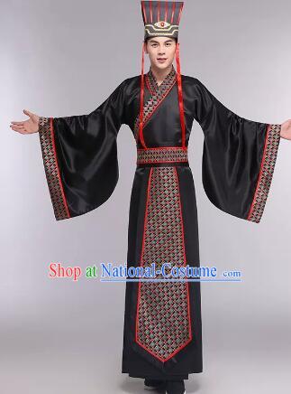 Chinese Ancient Scholar Black Costumes Han Dynasty Official Clothing and Hat