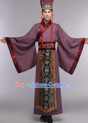 Chinese Han Dynasty Official Costumes Ancient Royal Prince Dark Purple Clothing and Headdress