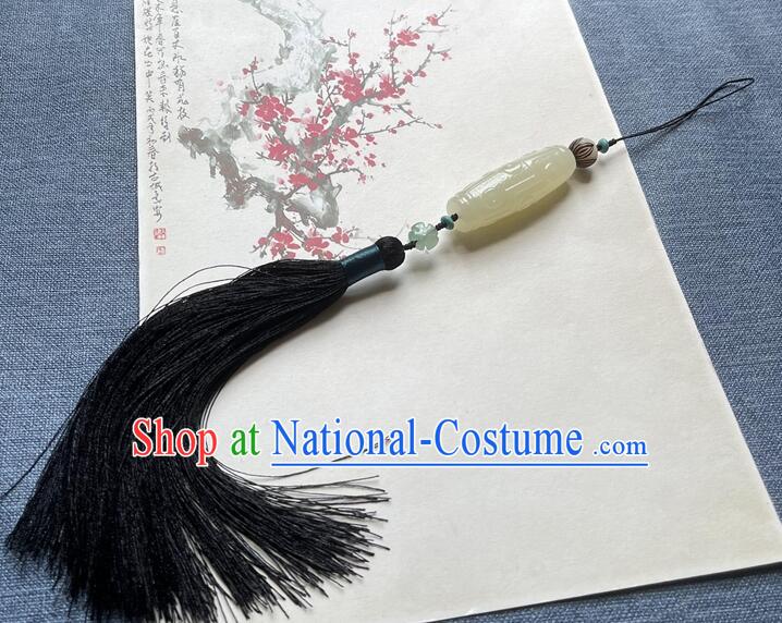 Chinese Tai Chi Sword Fringe Handmade Black Tassels Jade Pendant