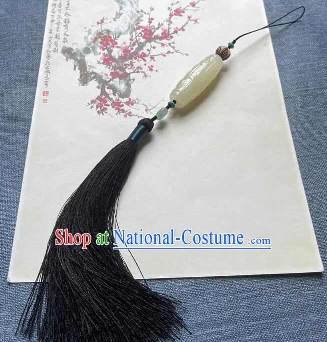 Chinese Tai Chi Sword Fringe Handmade Black Tassels Jade Pendant