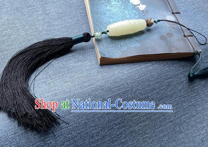 Chinese Tai Chi Sword Fringe Handmade Black Tassels Jade Pendant