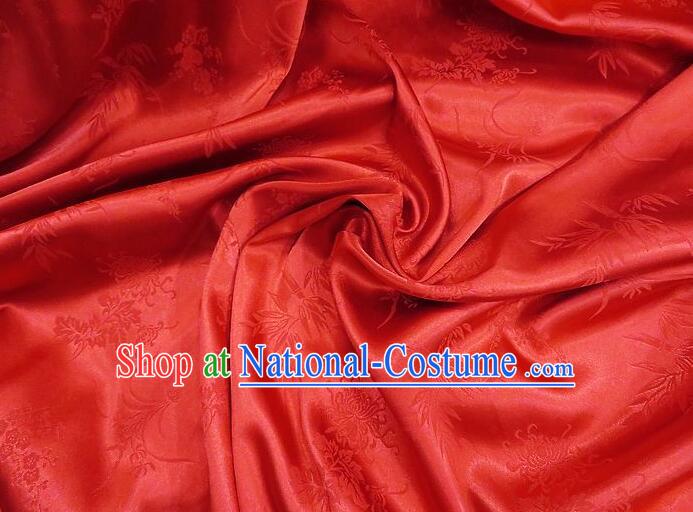 Chinese Classical Plum Orchids Bamboo Chrysanthemum Patterns Design Red Silk Traditional Jacquard Satin Fabric