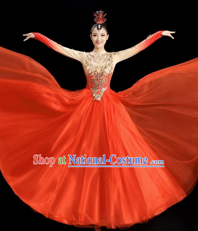 Professional Chorus Performance Costume Opening Dance Orange Dress Women Group Dance Clothing