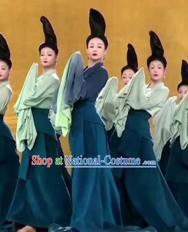 Chinese Women Group Dance Clothing Classical Dance Costume Spring Festival Gala Zhi Ci Qing Lu Blue Dress