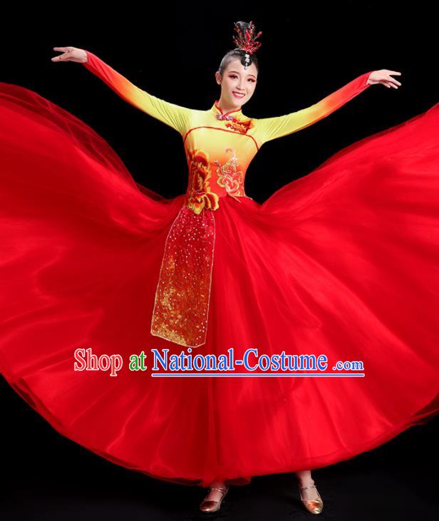 Chinese Folk Dance Costume Spring Festival Gala Opening Dance Red Dress Women Group Dance Clothing