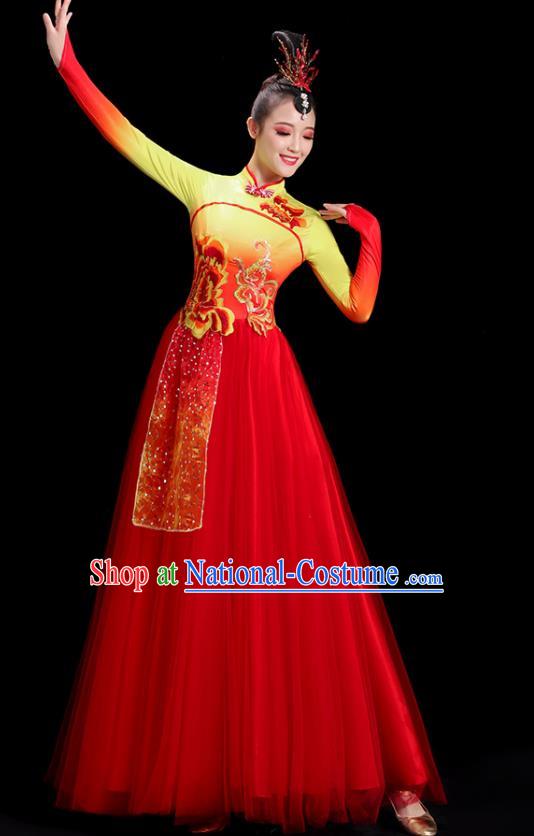 Chinese Folk Dance Costume Spring Festival Gala Opening Dance Red Dress Women Group Dance Clothing