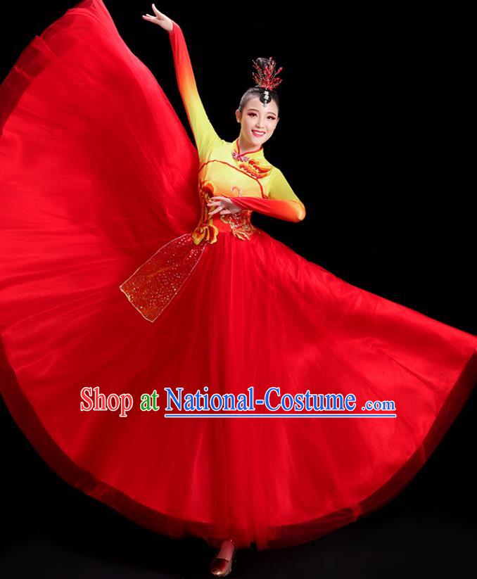 Chinese Folk Dance Costume Spring Festival Gala Opening Dance Red Dress Women Group Dance Clothing