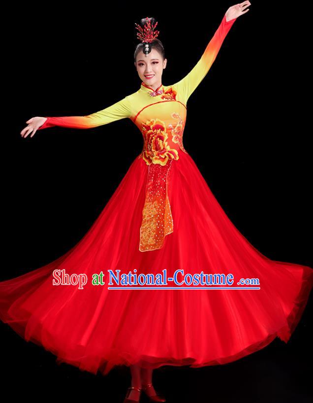 Chinese Folk Dance Costume Spring Festival Gala Opening Dance Red Dress Women Group Dance Clothing