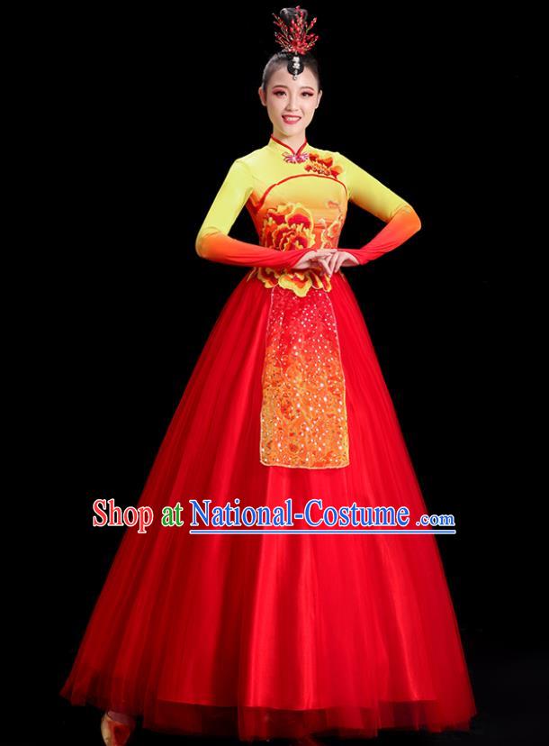 Chinese Folk Dance Costume Spring Festival Gala Opening Dance Red Dress Women Group Dance Clothing