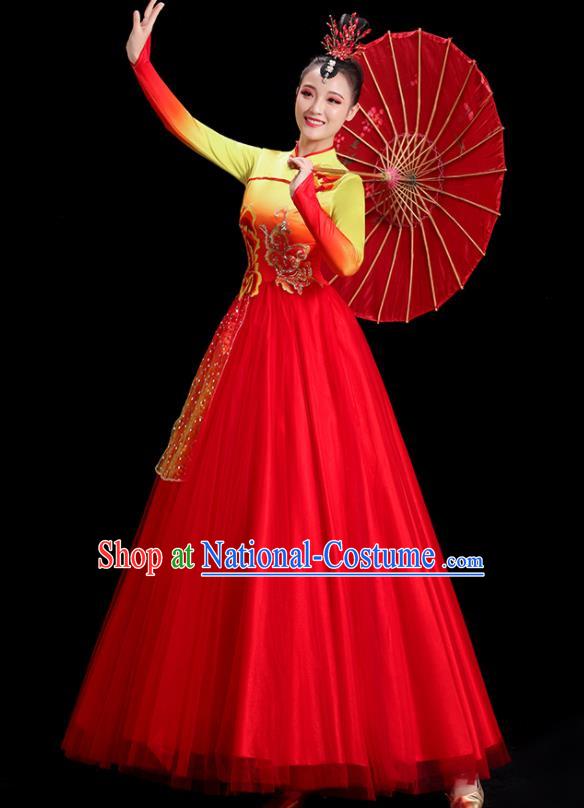 Chinese Folk Dance Costume Spring Festival Gala Opening Dance Red Dress Women Group Dance Clothing