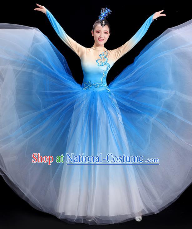 Chinese Women Group Dance Clothing Modern Dance Costume Spring Festival Gala Opening Dance Blue Dress