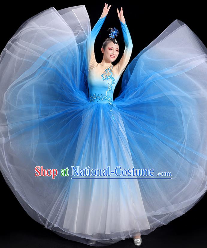 Chinese Women Group Dance Clothing Modern Dance Costume Spring Festival Gala Opening Dance Blue Dress