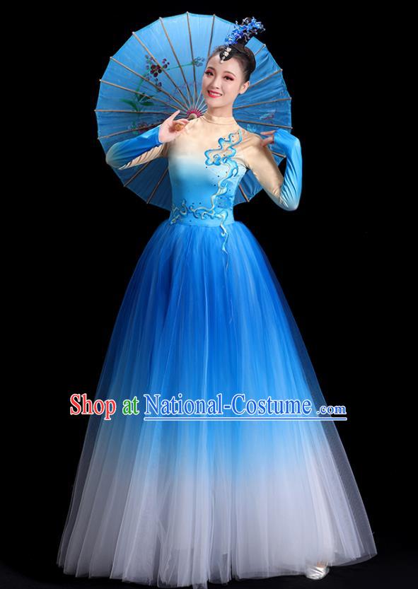 Chinese Women Group Dance Clothing Modern Dance Costume Spring Festival Gala Opening Dance Blue Dress