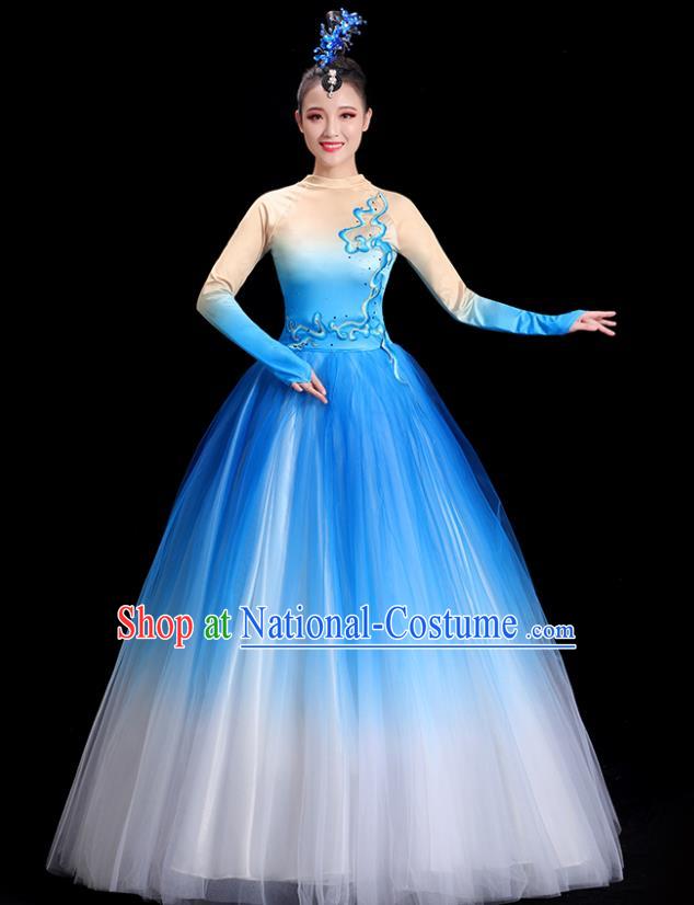 Chinese Women Group Dance Clothing Modern Dance Costume Spring Festival Gala Opening Dance Blue Dress