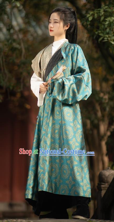 China Tang Dynasty Heroine Historical Clothing Ancient Swordswoman Costume Traditional Hanfu Blue Brocade Robe