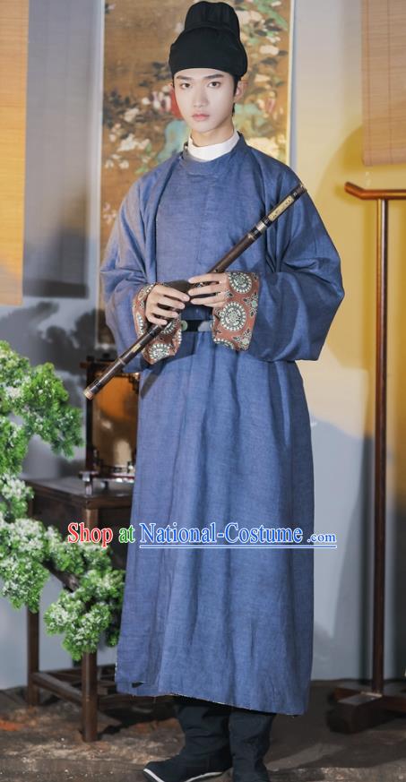 China Traditional Hanfu Navy Round Collar Robe Tang Dynasty Male Historical Clothing Ancient Swordsman Ramie Costume