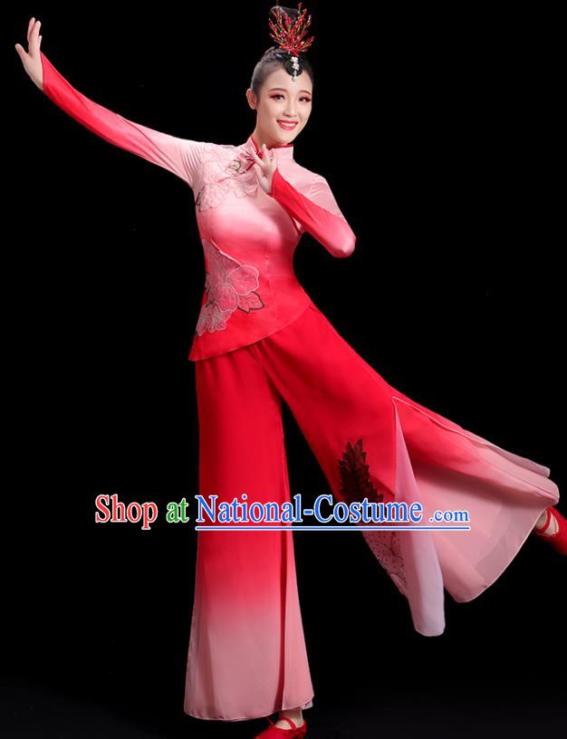 China Women Group Stage Show Red Uniform National Yangko Dance Costume Folk Dance Fan Dance Clothing