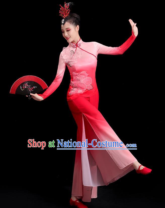 China Women Group Stage Show Red Uniform National Yangko Dance Costume Folk Dance Fan Dance Clothing