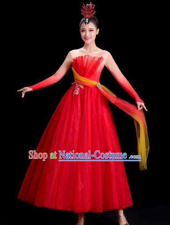 China Modern Dance Costume Opening Dance Clothing Women Group Stage Show Red Dress