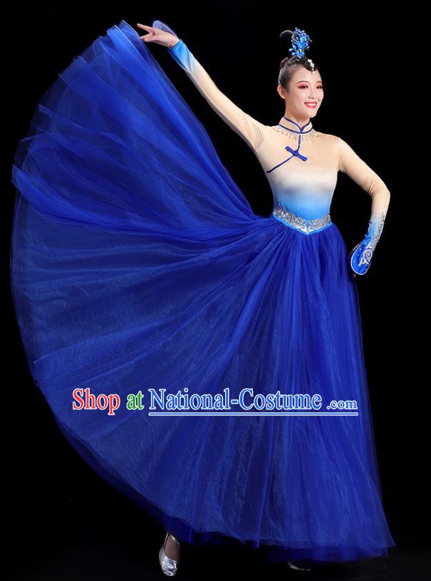 China Women Group Stage Show Royal Blue Dress Yangko Dance Costume Mongolian Ethnic Dance Fashion Opening Dance Clothing