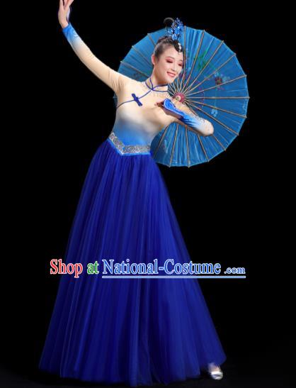 China Women Group Stage Show Royal Blue Dress Yangko Dance Costume Mongolian Ethnic Dance Fashion Opening Dance Clothing