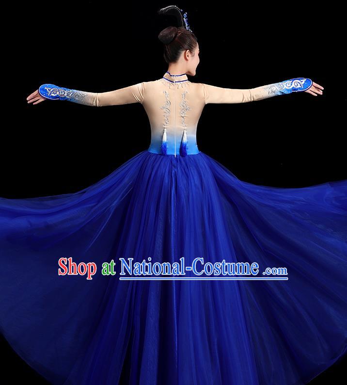 China Women Group Stage Show Royal Blue Dress Yangko Dance Costume Mongolian Ethnic Dance Fashion Opening Dance Clothing