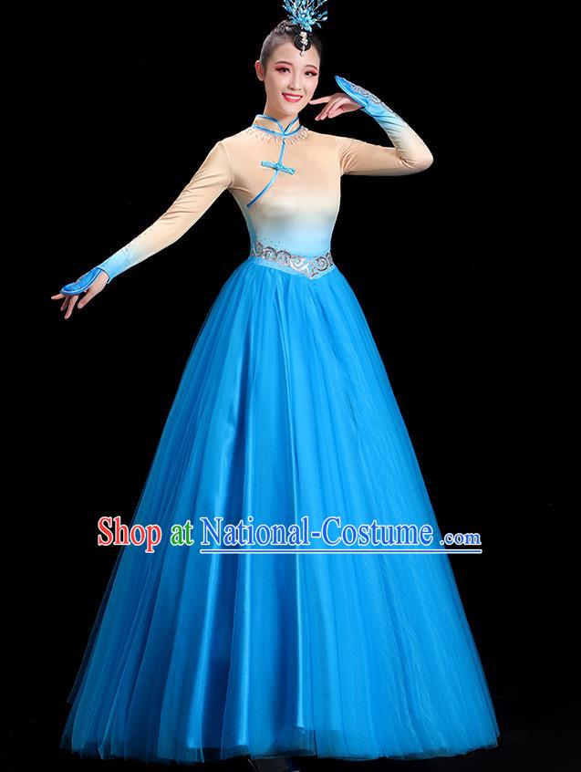 China Opening Dance Clothing Women Group Stage Show Blue Dress Yangko Dance Costume Mongolian Ethnic Dance Fashion