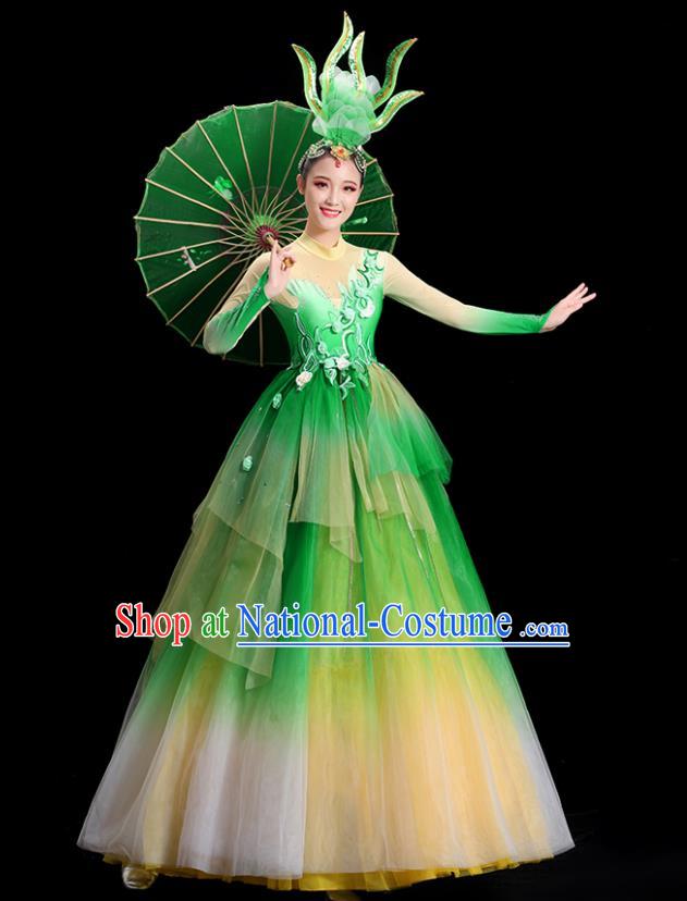 China Modern Dance Costume Flower Dance Fashion Opening Dance Clothing Women Group Stage Show Green Dress