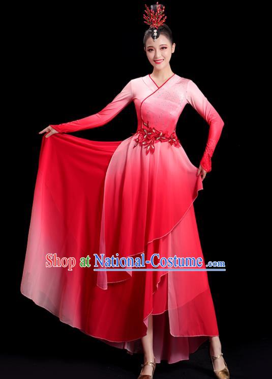 China Fan Dance Clothing Umbrella Dance Fashion Women Group Stage Show Red Dress Classical Dance Costume