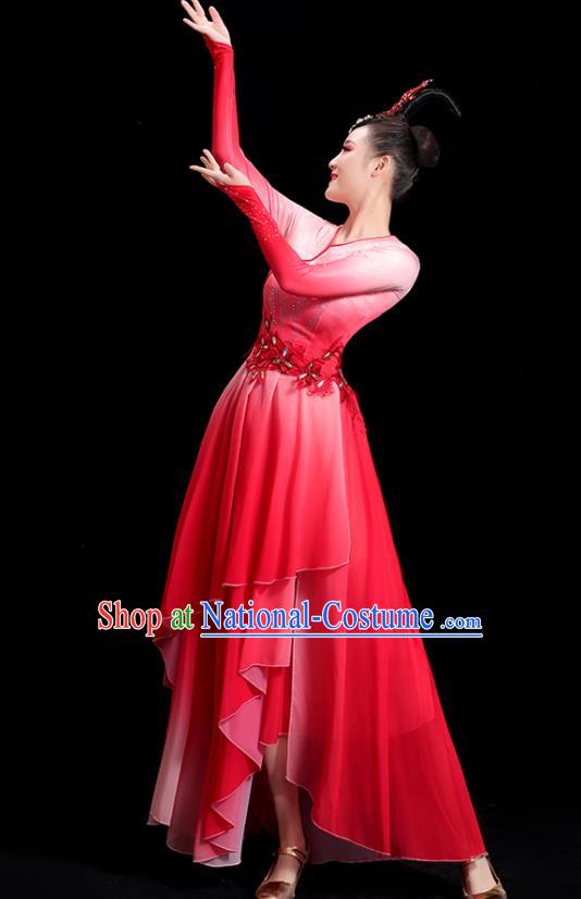 China Fan Dance Clothing Umbrella Dance Fashion Women Group Stage Show Red Dress Classical Dance Costume