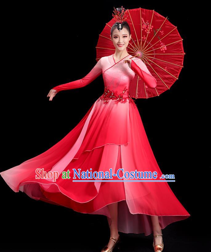 China Fan Dance Clothing Umbrella Dance Fashion Women Group Stage Show Red Dress Classical Dance Costume