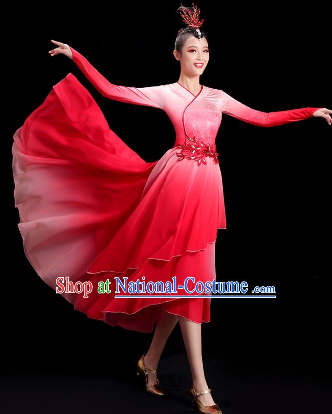 China Fan Dance Clothing Umbrella Dance Fashion Women Group Stage Show Red Dress Classical Dance Costume