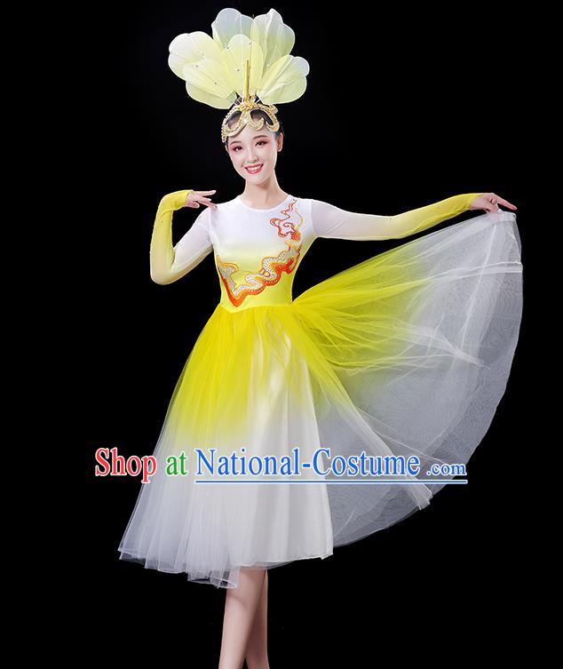 China Women Group Stage Show Yellow Dress Modern Dance Costume Chorus Clothing Opening Dance Fashion