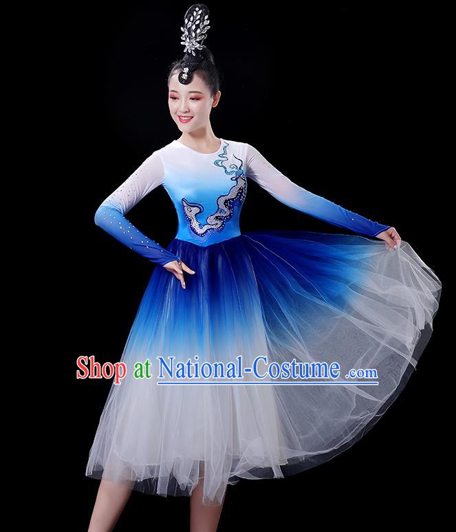 China Modern Dance Costume Women Group Chorus Clothing Opening Dance Fashion Stage Show Royal Blue Dress