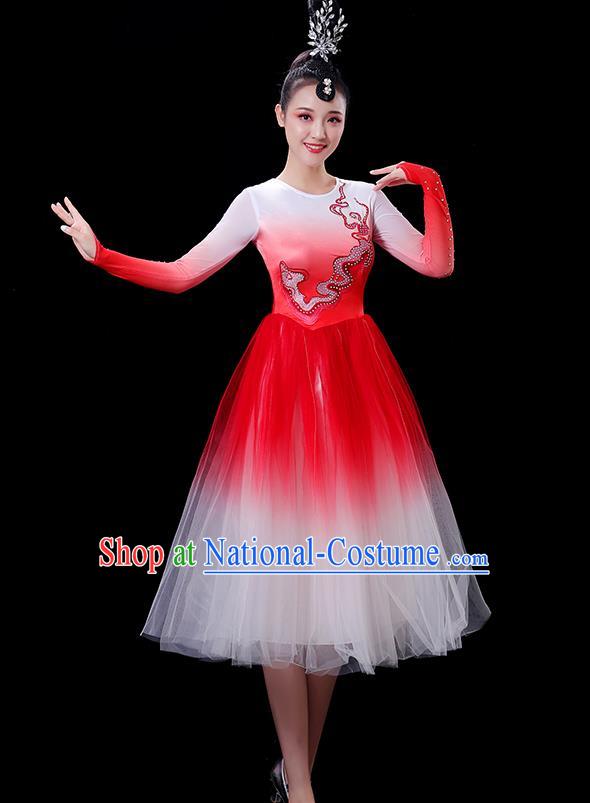 China Opening Dance Fashion Stage Show Red Dress Modern Dance Costume Women Group Chorus Clothing