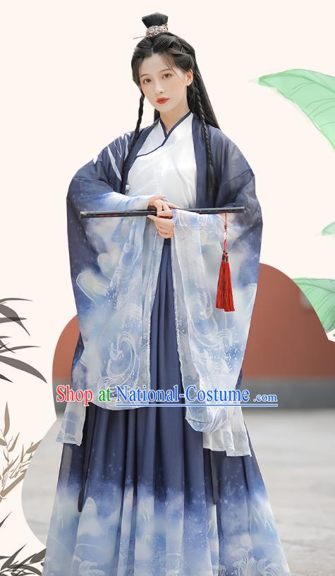 China Ancient Swordsman Costumes Ming Dynasty Young Male Dark Blue Dresses Traditional Stage Show Hanfu Fashion