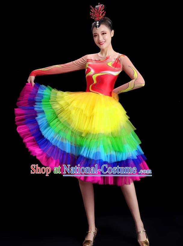 China Group Stage Show Rainbow Short Dress National Game Opening Dance Costume Modern Dance Clothing